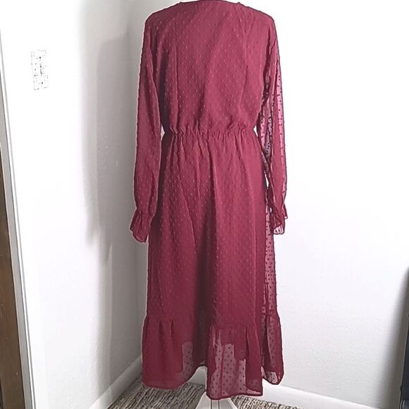 BTFBM Burgundy Dotted Swiss Maxi-Dress with Ruffled Hemline, Size Medium - Picture 7 of 11
